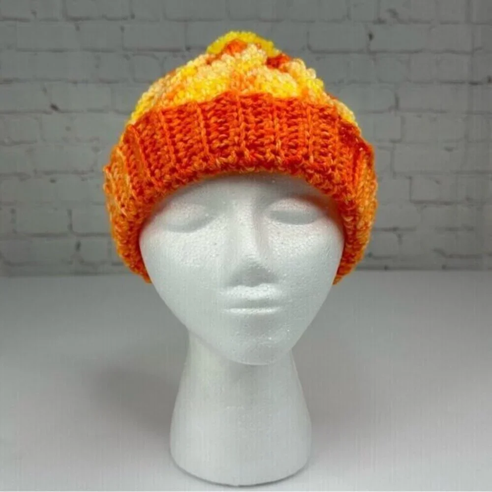 Created By Cyd Crochet Beanie Orange Yellow Gradient Pom Pom Cable Knit Hat NEW